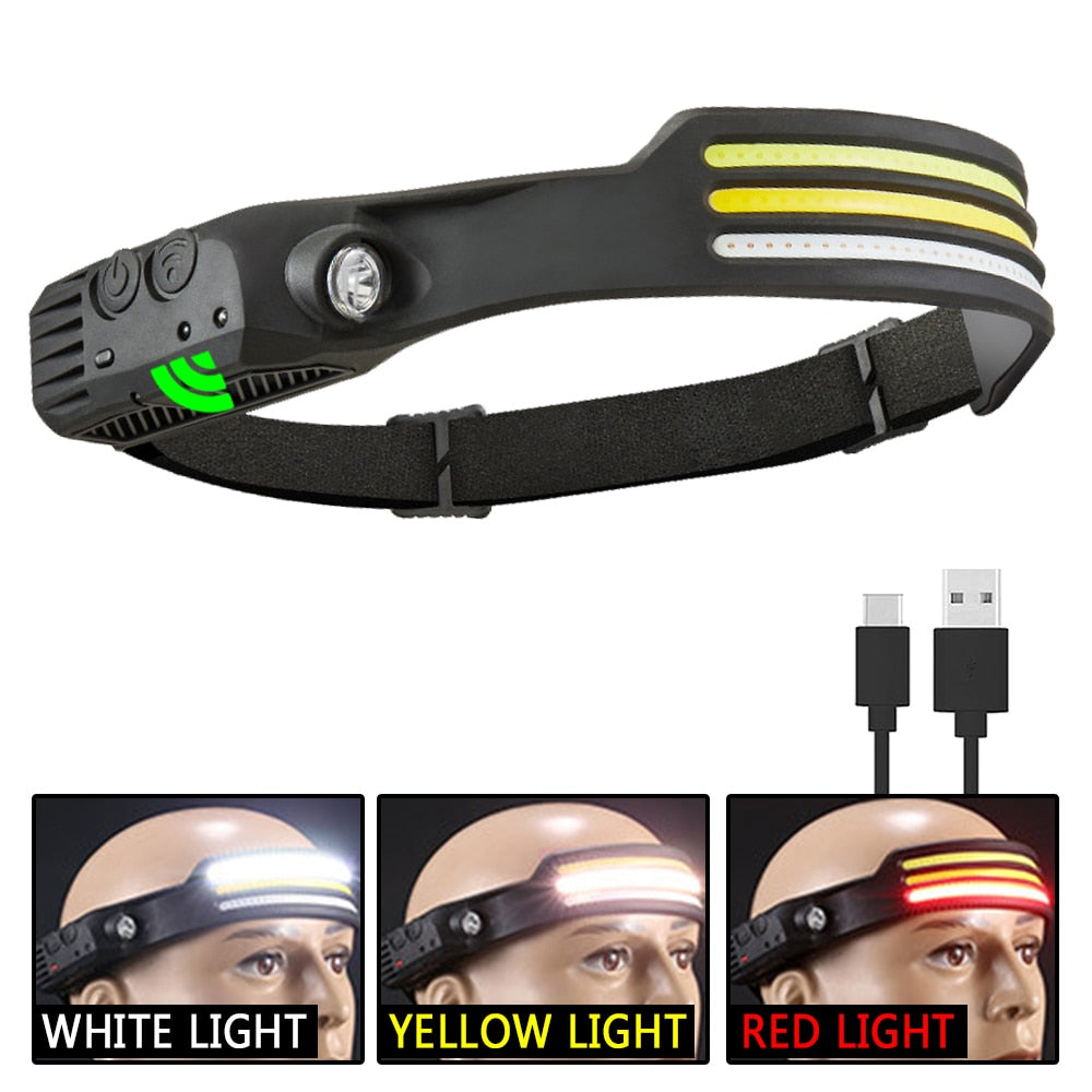 Sensor Headlamp COB LED Head Lamp Flashlight USB Rechargeable Head Torch with 5 Lighting Modes