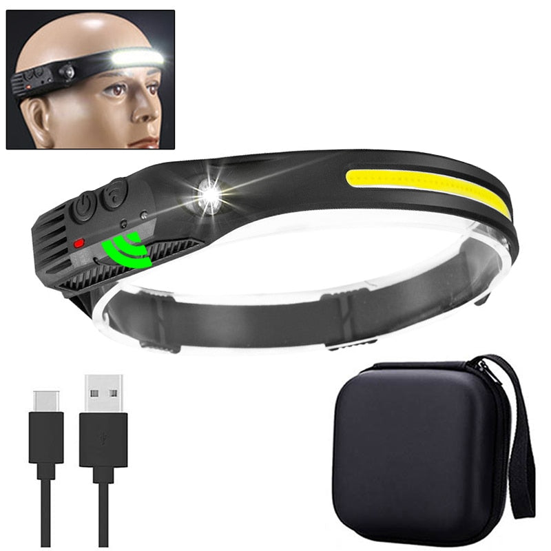 Sensor Headlamp COB LED Head Lamp Flashlight USB Rechargeable Head Torch with 5 Lighting Modes