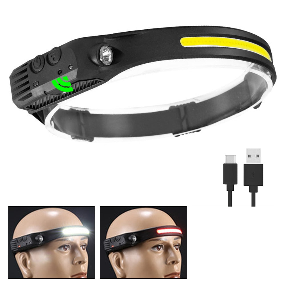 Sensor Headlamp COB LED Head Lamp Flashlight USB Rechargeable Head Torch with 5 Lighting Modes