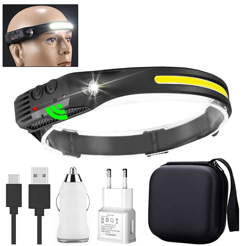 Sensor Headlamp COB LED Head Lamp Flashlight USB Rechargeable Head Torch with 5 Lighting Modes