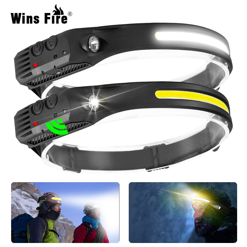 Sensor Headlamp COB LED Head Lamp Flashlight USB Rechargeable Head Torch with 5 Lighting Modes